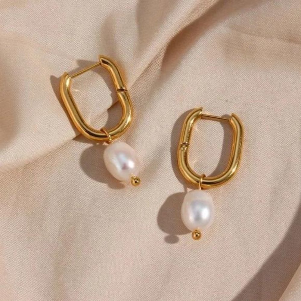 New 18K Freshwater Pearl Drop U Shape Earrings, CUTE RING, SHINY RING. - Picture 4 of 7